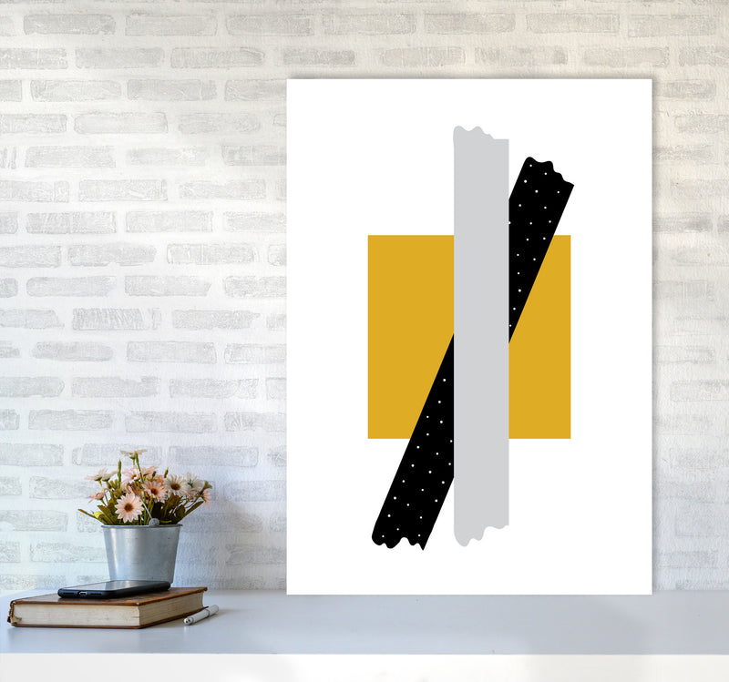 Yellow Square With Grey And Black Bow Abstract Modern Print A1 Black Frame