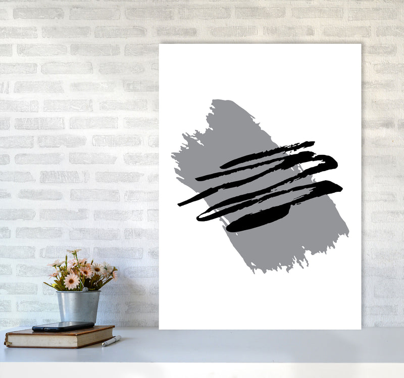 Grey Jaggered Paint Brush Abstract Modern Print A1 Black Frame