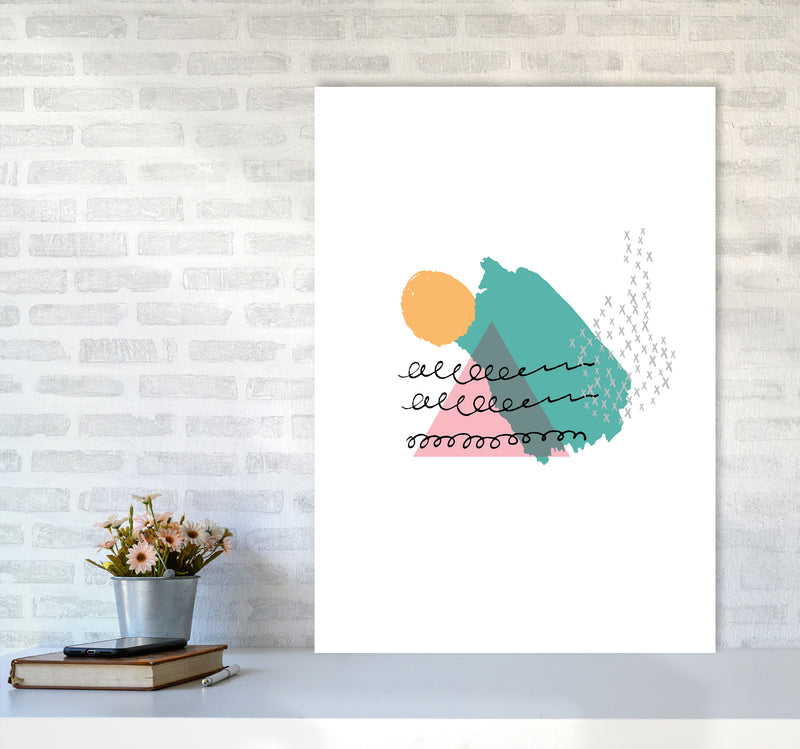 Pink And Teal Mountain Sun Abstract Modern Print A1 Black Frame