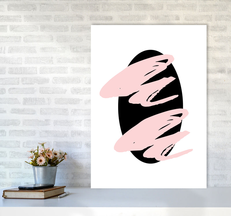 Abstract Black Oval With Pink Strokes Modern Art Print A1 Black Frame