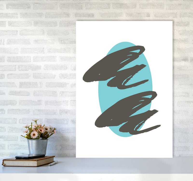 Abstract Teal Oval With Brown Strokes Modern Print A1 Black Frame