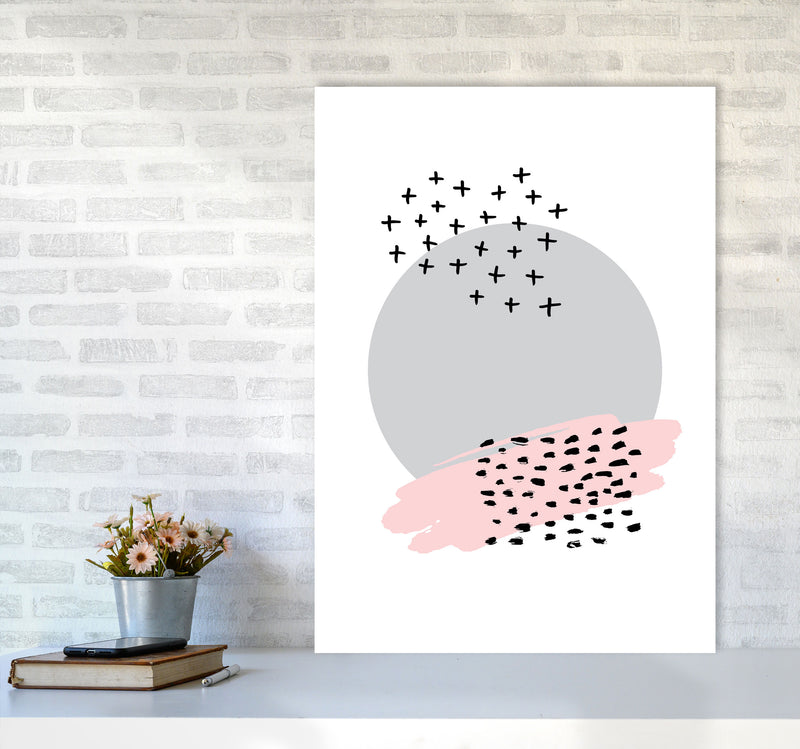 Abstract Grey Circle With Pink And Black Dashes Modern Print A1 Black Frame