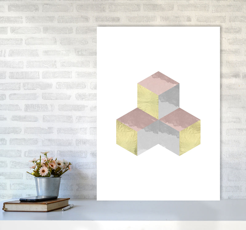 Gold, Pink And Grey Abstract Cubes Modern Print A1 Black Frame