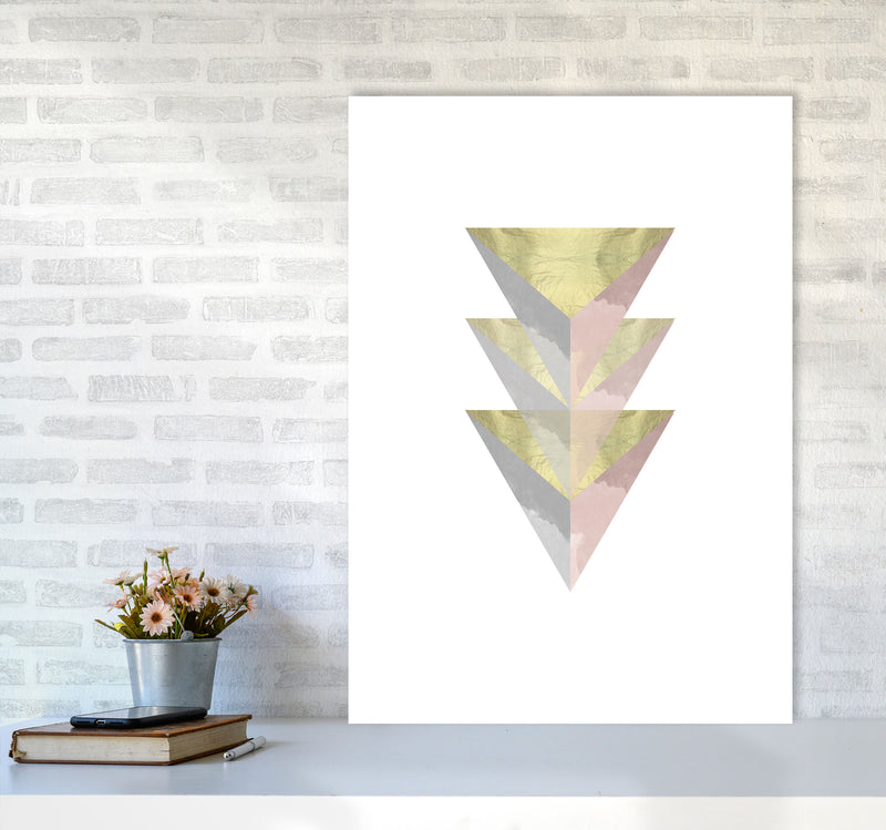 Gold, Pink And Grey Abstract Triangles Modern Print A1 Black Frame