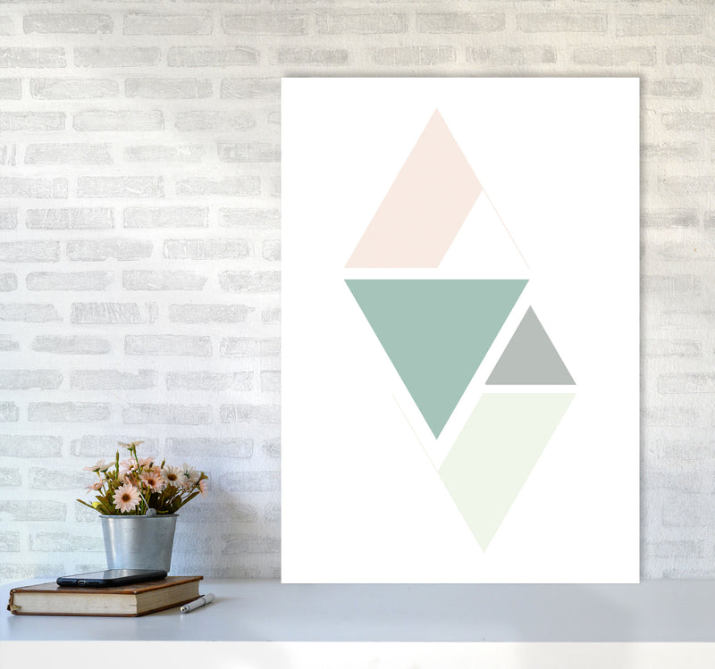 Peach, Green And Grey Abstract Triangles Modern Print A1 Black Frame