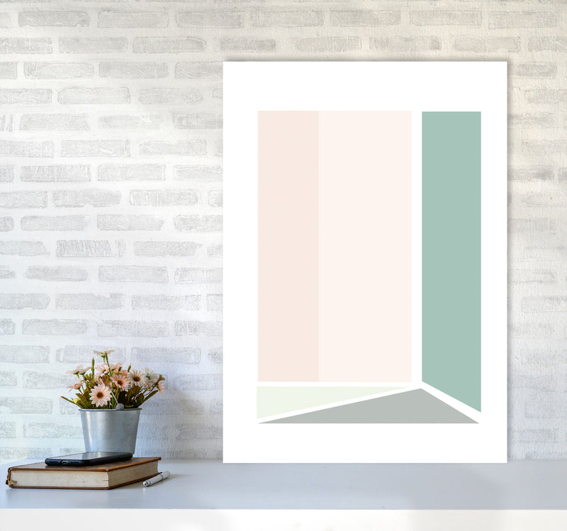 Peach, Green And Grey Abstract Rectangle Modern Print A1 Black Frame