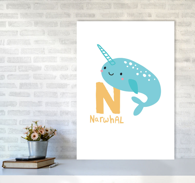 Alphabet Animals, N Is For Narwhal Framed Nursey Wall Art Print A1 Black Frame