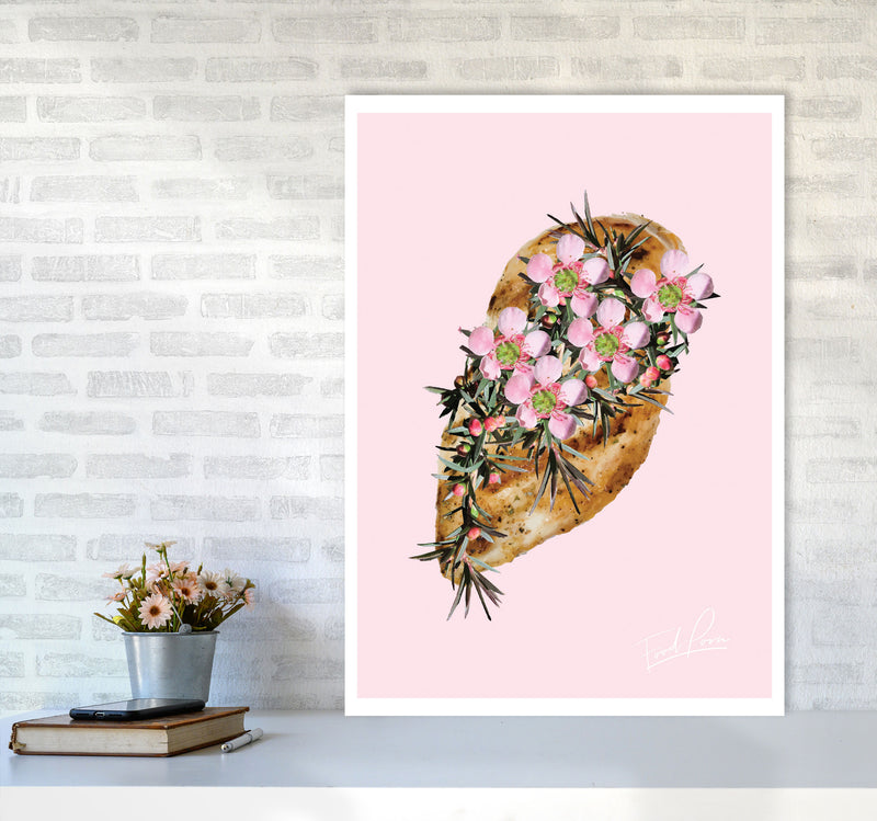 Pink Chicken Floral Food Print, Framed Kitchen Wall Art A1 Black Frame