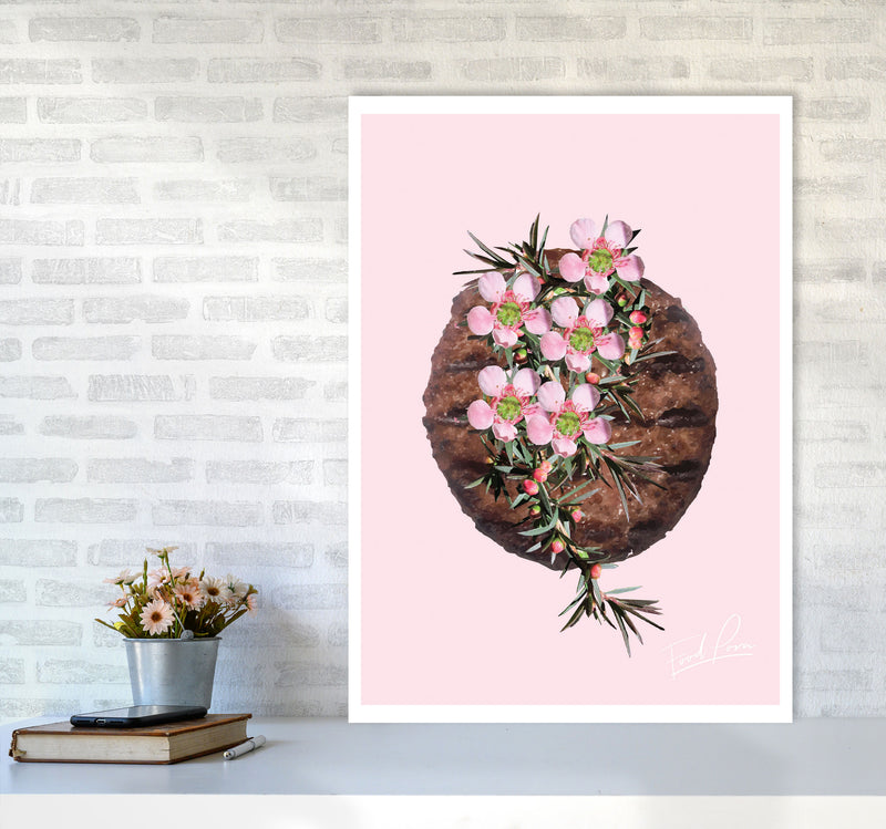 Pink Burger Floral Food Print, Framed Kitchen Wall Art A1 Black Frame