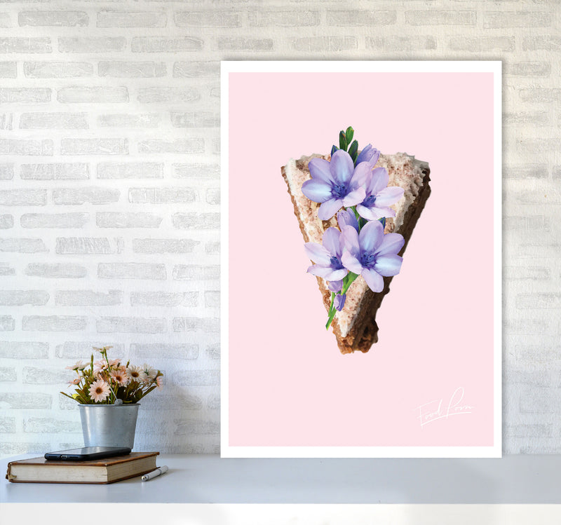 Pink Coffee Cake Floral Food Print, Framed Kitchen Wall Art A1 Black Frame