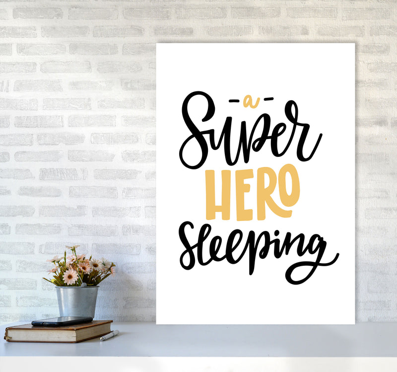 Superhero Sleeping Mustard And Black Framed Nursey Wall Art Print A1 Black Frame