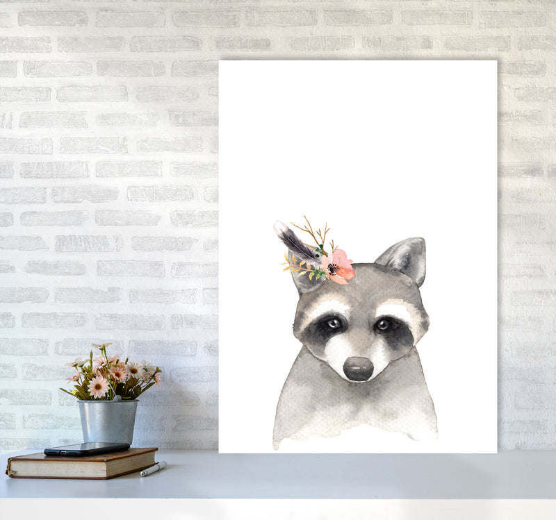 Forest Friends, Floral Cute Raccoon Modern Print Animal Art Print A1 Black Frame