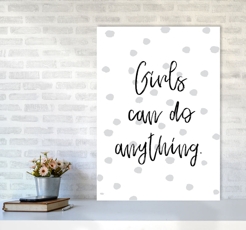 Girls Can Do Anything Grey Polka Dots Framed Typography Wall Art Print A1 Black Frame