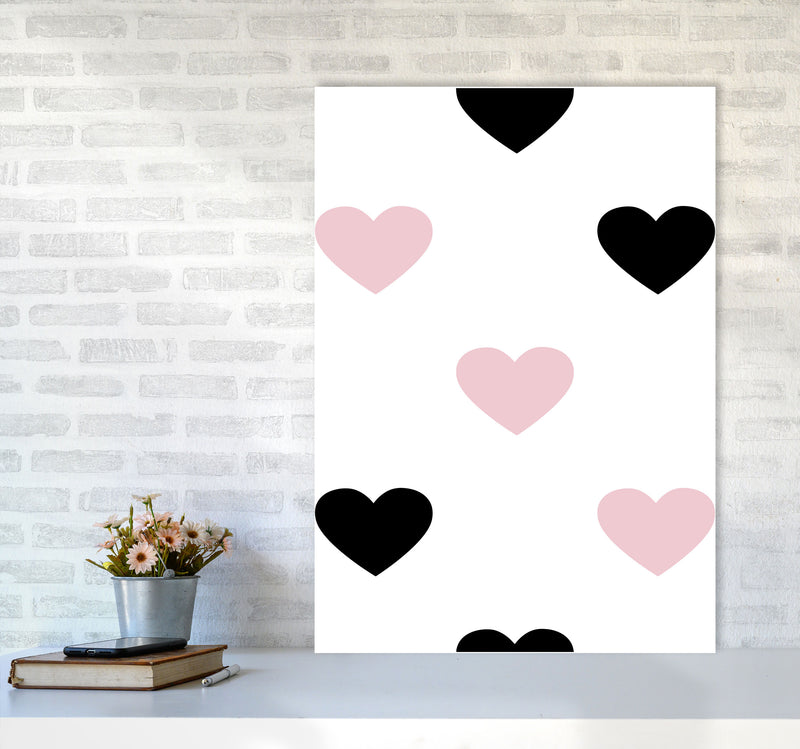 Pink And Black Hearts Modern Print A1 Black Frame