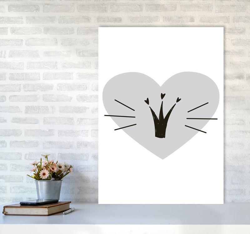 Crown With Grey Heart Framed Nursey Wall Art Print A1 Black Frame