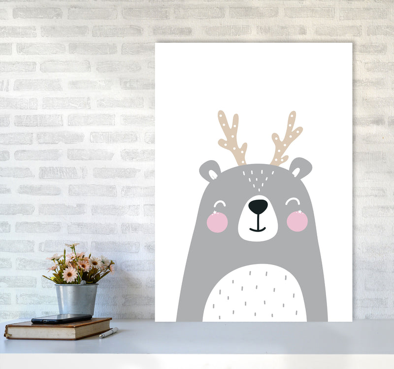 Grey Bear With Antlers Modern Print Animal Art Print A1 Black Frame