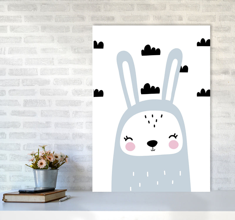 Blue Scandi Bunny With Clouds Modern Print Animal Art Print A1 Black Frame