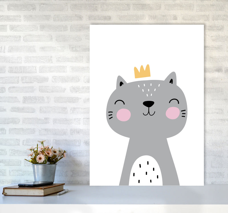 Grey Scandi Cat With Crown Modern Print Animal Art Print A1 Black Frame