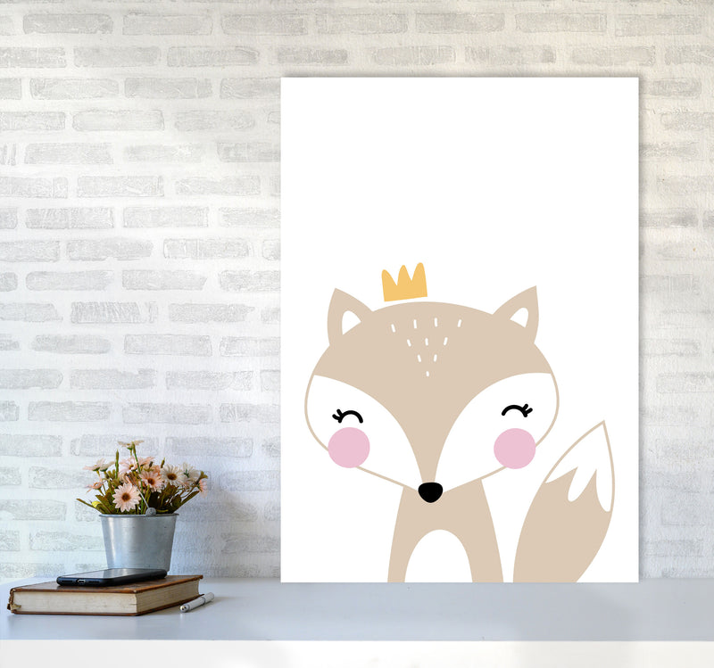 Scandi Beige Fox With Crown Framed Nursey Wall Art Print A1 Black Frame