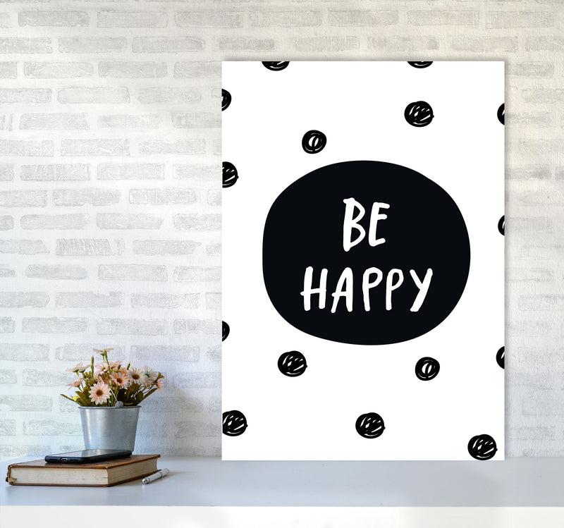 Be Happy Polka Dot Framed Typography Wall Art Print A1 Black Frame
