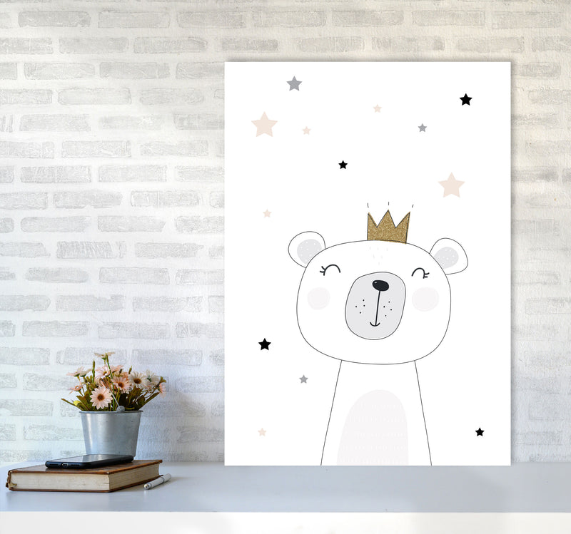 Scandi Cute Bear With Crown And Stars Print, Framed Childrens Wall Art A1 Black Frame