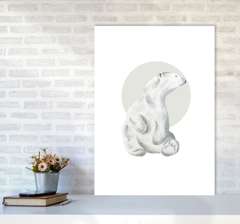 Watercolour Polar Bear With Grey Circle Modern Print, Animal Art Print A1 Black Frame