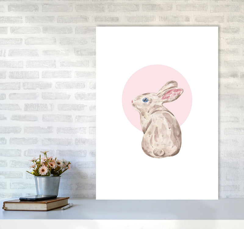 Watercolour Bunny With Pink Circle Modern Print, Animal Art Print A1 Black Frame