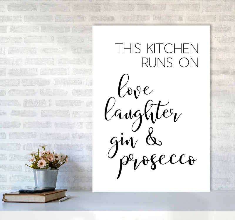 This Kitchen Runs On Love Laughter Gin & Prosecco Print, Framed Kitchen Wall Art A1 Black Frame