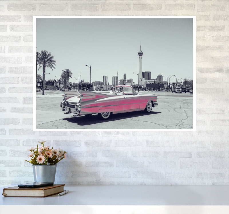Retro Pink Car Modern Print A1 Black Frame