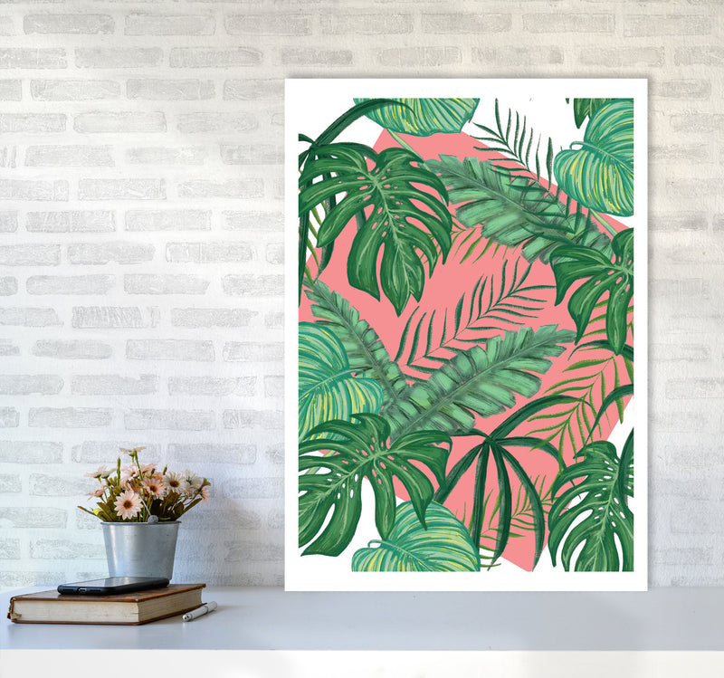 Abstract Leaves With Pink Background Modern Print, Framed Botanical Nature Art A1 Black Frame