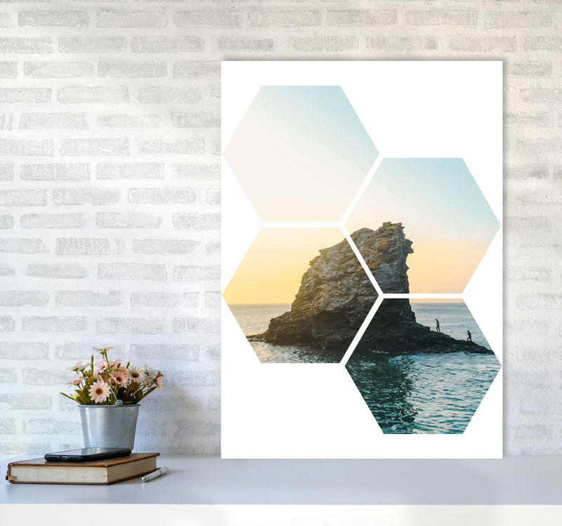 Abstract Hex Island And Sea Modern Print A1 Black Frame