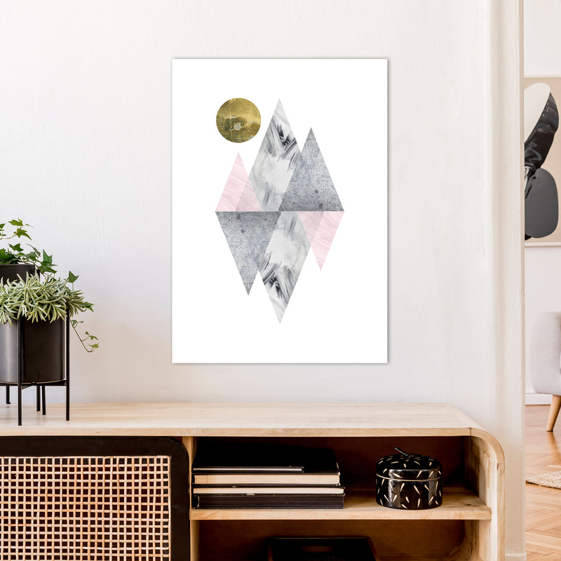 Luna Pink And Grey Diamonds With Gold Moon  Art Print by Pixy Paper A1 Black Frame