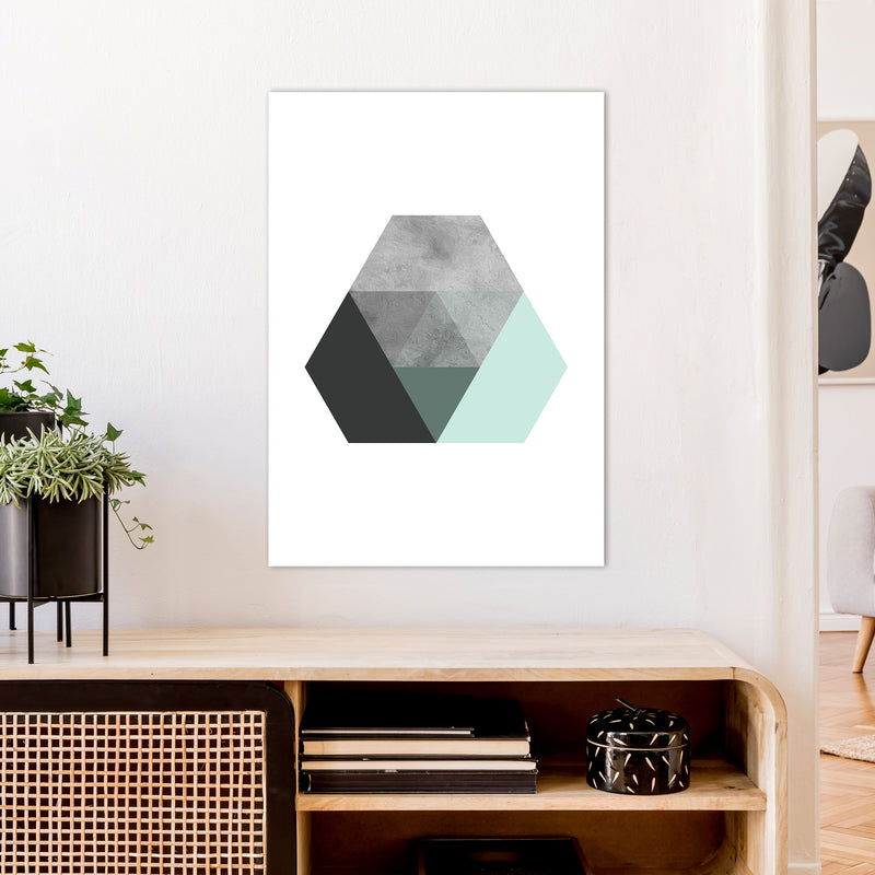 Geometric Mint And Black Hexagon  Art Print by Pixy Paper A1 Black Frame