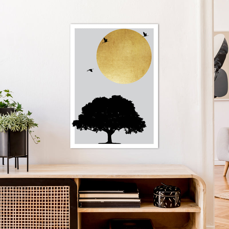 Gold Sun And Tree Abstract  Art Print by Pixy Paper A1 Black Frame