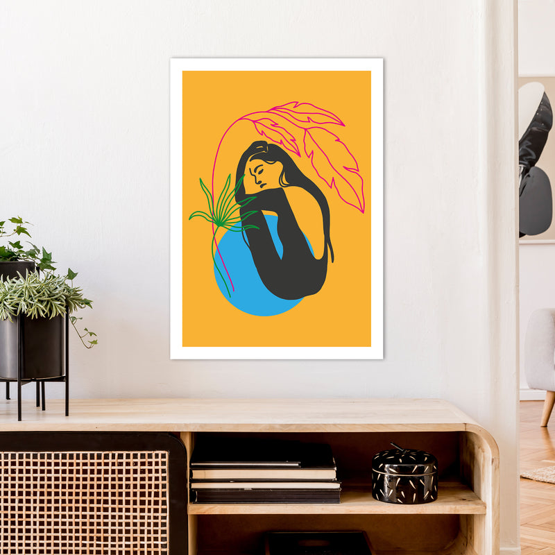 Girl Under Plant Yellow Neon Funk  Art Print by Pixy Paper A1 Black Frame