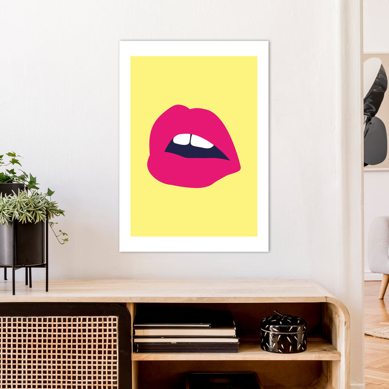 Pink Lips Yellow Back  Art Print by Pixy Paper A1 Black Frame