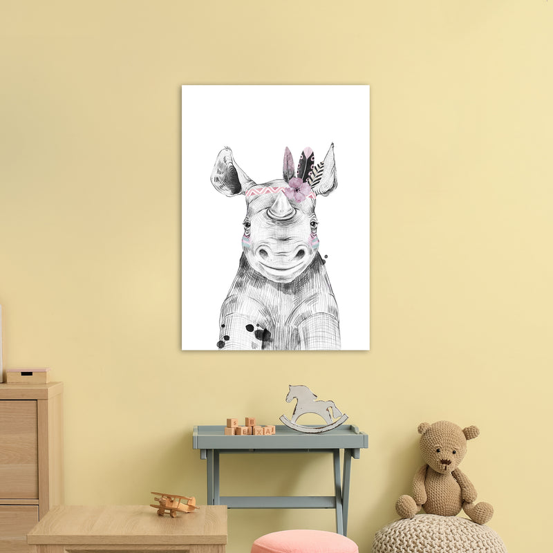 Safari Babies Rhino With Head Feathers  Art Print by Pixy Paper A1 Black Frame