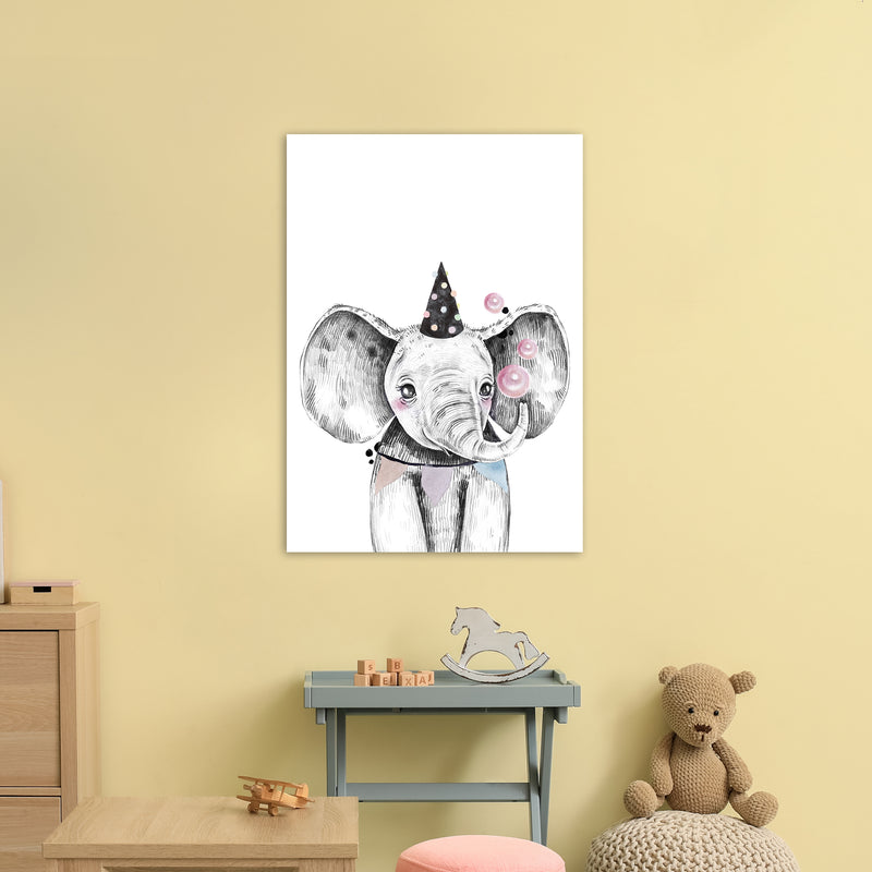Safari Babies Elephant With Party Hat  Art Print by Pixy Paper A1 Black Frame