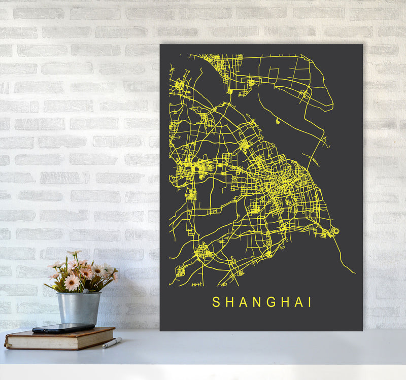 Shanghai Map Neon Art Print by Pixy Paper A1 Black Frame
