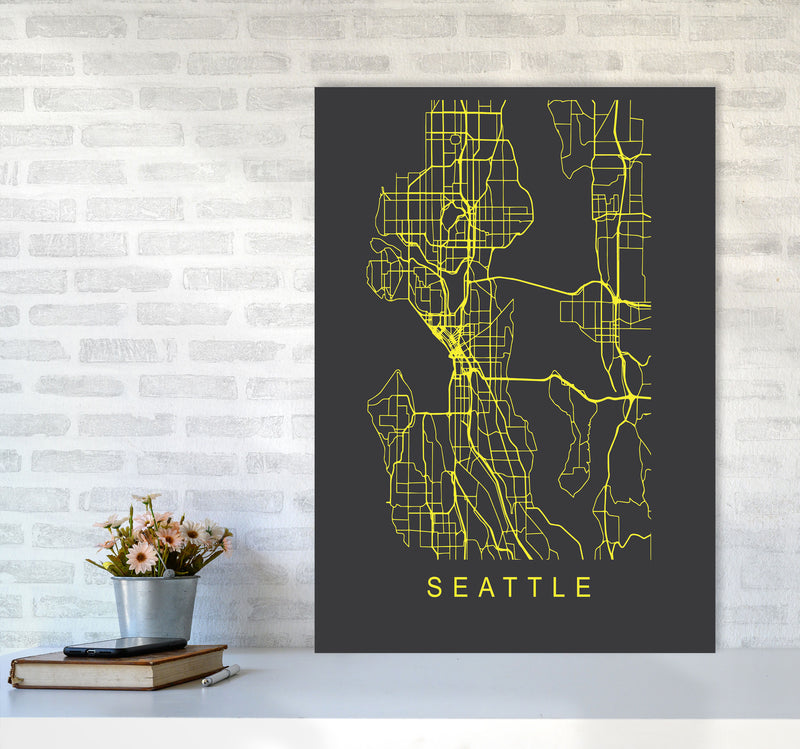 Seattle Map Neon Art Print by Pixy Paper A1 Black Frame