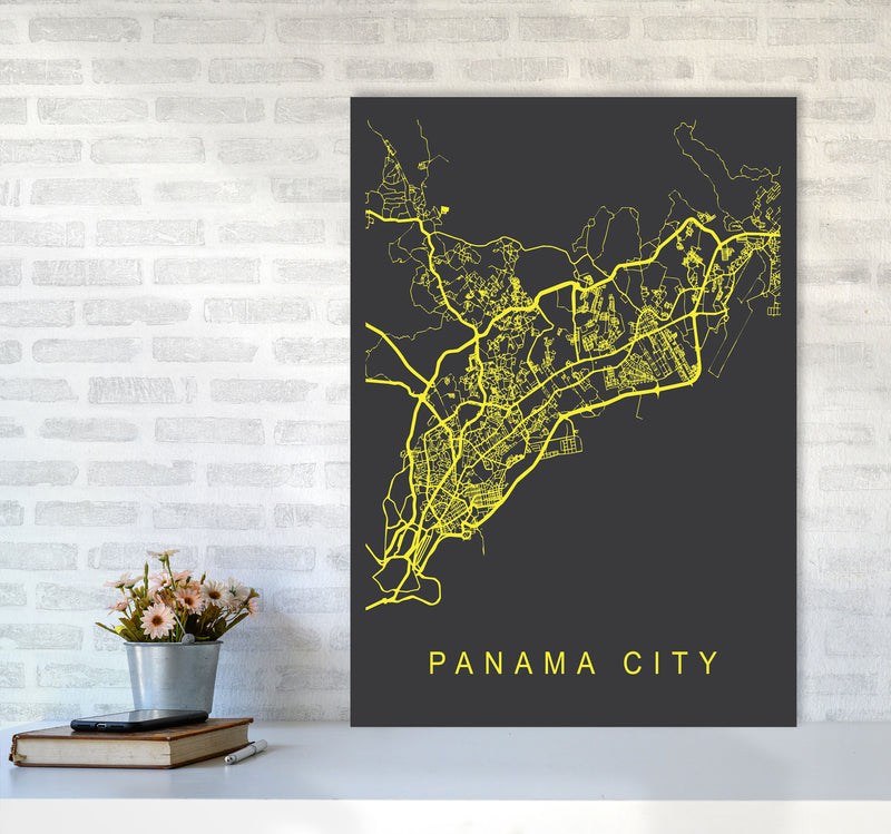 Panama City Map Neon Art Print by Pixy Paper A1 Black Frame