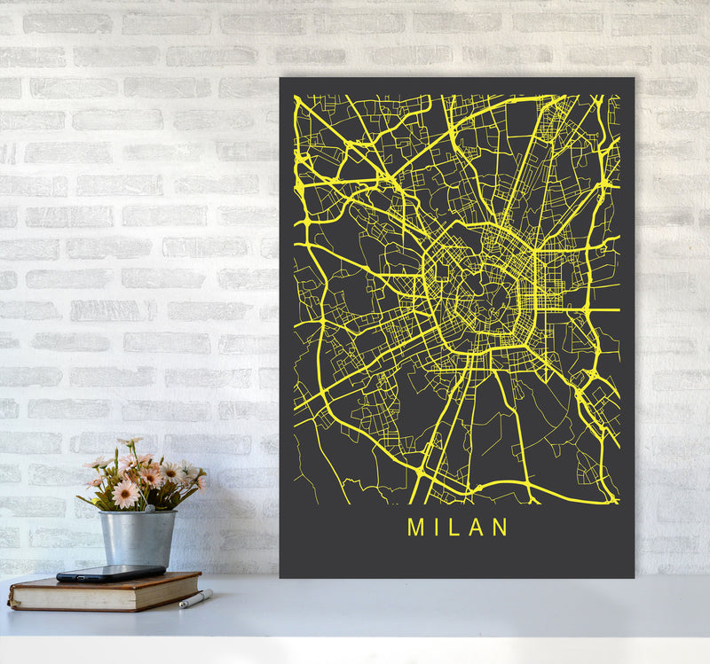 Milan Map Neon Art Print by Pixy Paper A1 Black Frame