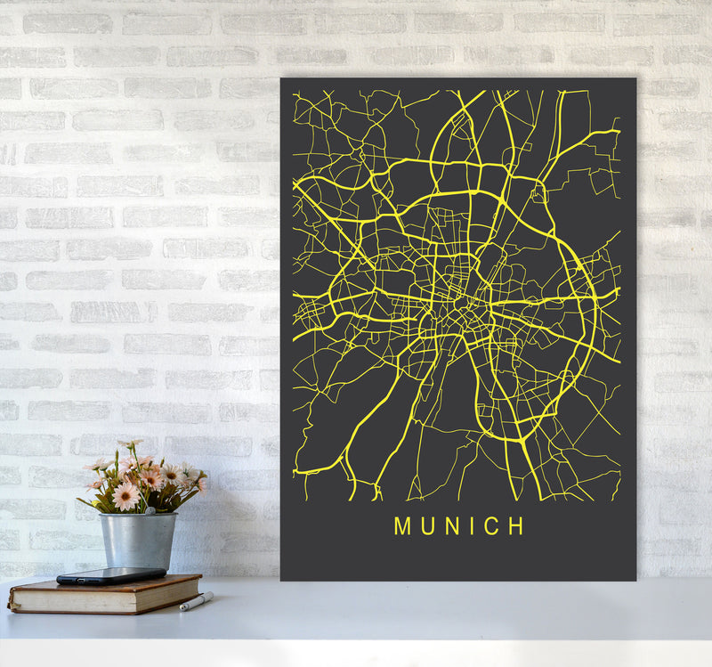 Munich Map Neon Art Print by Pixy Paper A1 Black Frame