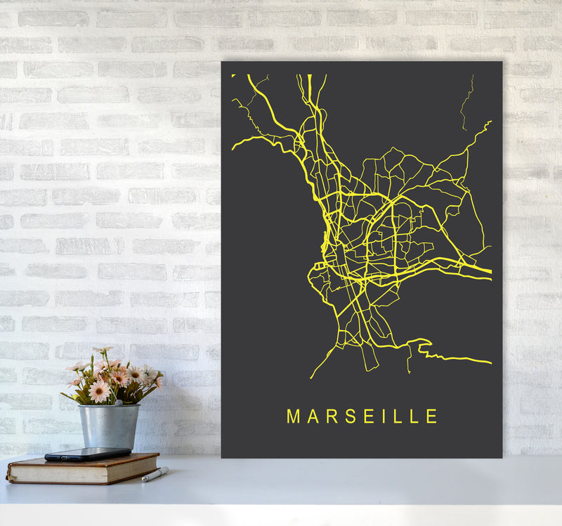Marseille Map Neon Art Print by Pixy Paper A1 Black Frame