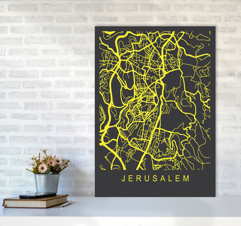 Jerusalem Map Neon Art Print by Pixy Paper A1 Black Frame