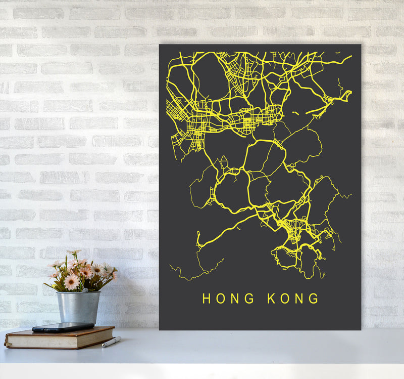 Hong Kong Map Neon Art Print by Pixy Paper A1 Black Frame
