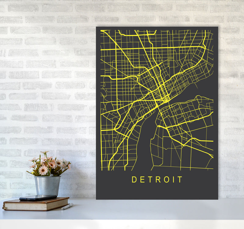 Detroit Map Neon Art Print by Pixy Paper A1 Black Frame