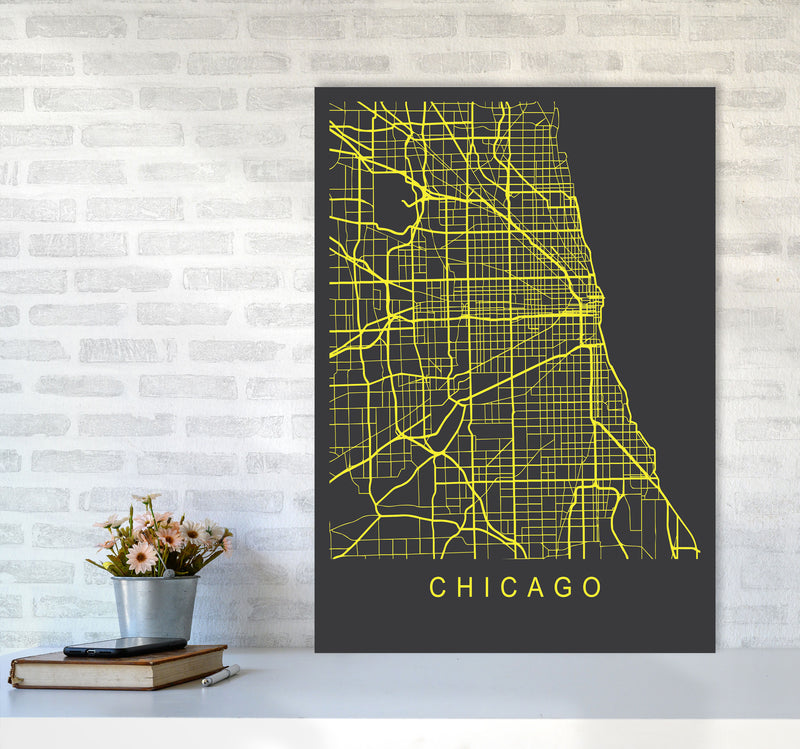 Chicago Map Neon Art Print by Pixy Paper A1 Black Frame