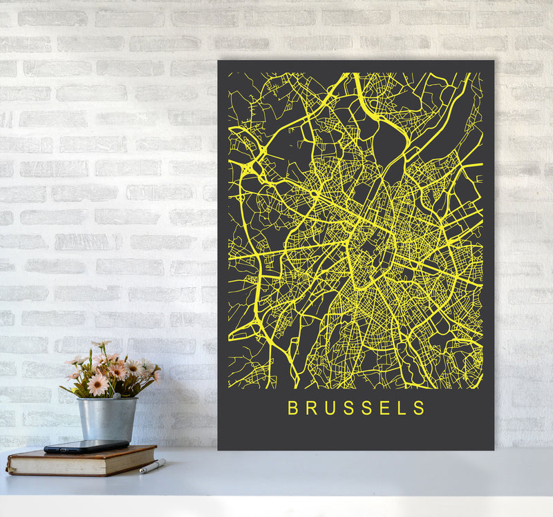 Brussels Map Neon Art Print by Pixy Paper A1 Black Frame
