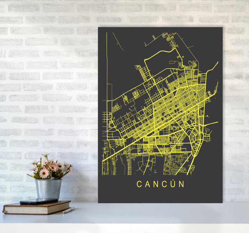 Cancun Map Neon Art Print by Pixy Paper A1 Black Frame